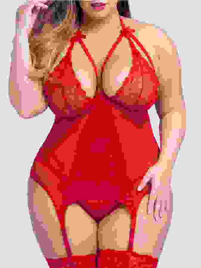 Lovehoney Plus Size Wild Romance Red Basque Set, Red, hi-res